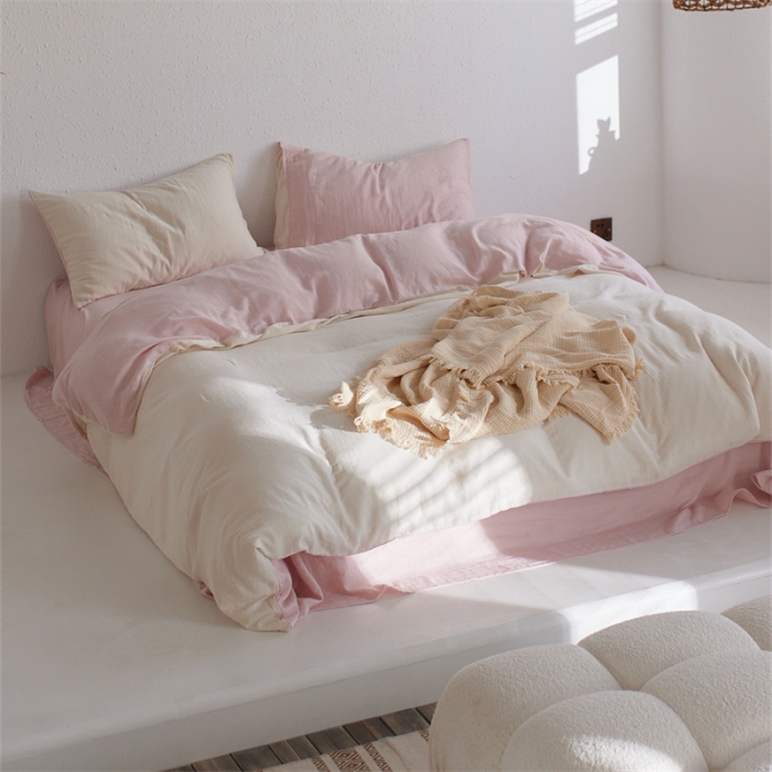 91家纺网 家纺一手货源 找家纺 安莱生活 2022新款全棉双层纱纯色四件套--简约风 奶粉