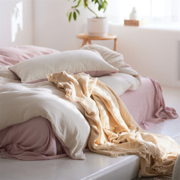 91家纺网 家纺一手货源 找家纺 安莱生活 2022新款全棉双层纱纯色四件套--简约风 奶粉