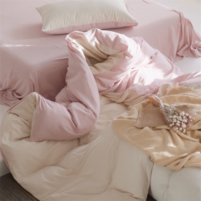 91家纺网 家纺一手货源 找家纺 安莱生活 2022新款全棉双层纱纯色四件套--简约风 奶粉