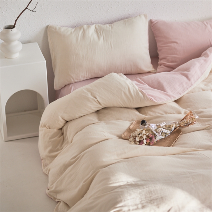 91家纺网 家纺一手货源 找家纺 安莱生活 2022新款全棉双层纱纯色四件套--简约风 奶粉