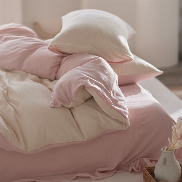 91家纺网 家纺一手货源 找家纺 安莱生活 2022新款全棉双层纱纯色四件套--简约风 奶粉