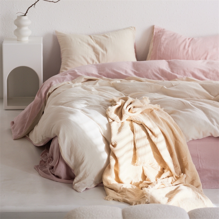 91家纺网 家纺一手货源 找家纺 安莱生活 2022新款全棉双层纱纯色四件套--简约风 奶粉