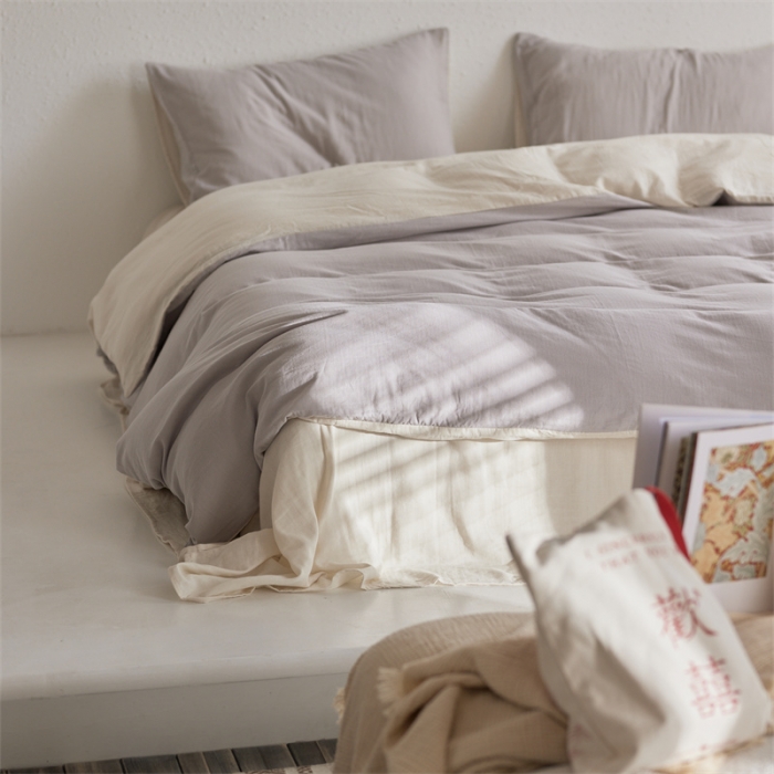 91家纺网 家纺一手货源 找家纺 安莱生活 2022新款全棉双层纱纯色四件套--简约风 奶盐