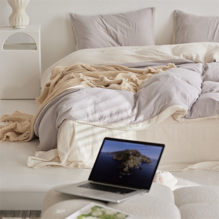 91家纺网 家纺一手货源 找家纺 安莱生活 2022新款全棉双层纱纯色四件套--简约风 奶盐