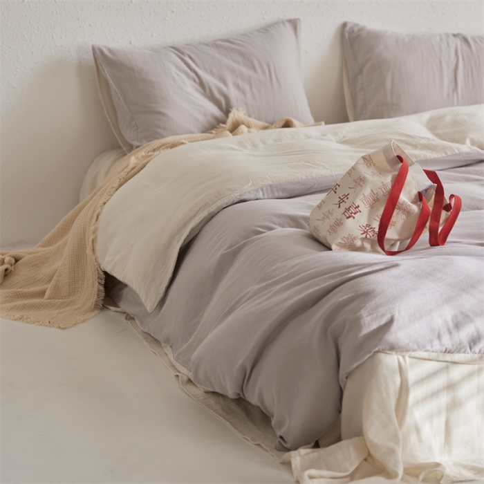 91家纺网 家纺一手货源 找家纺 安莱生活 2022新款全棉双层纱纯色四件套--简约风 奶盐