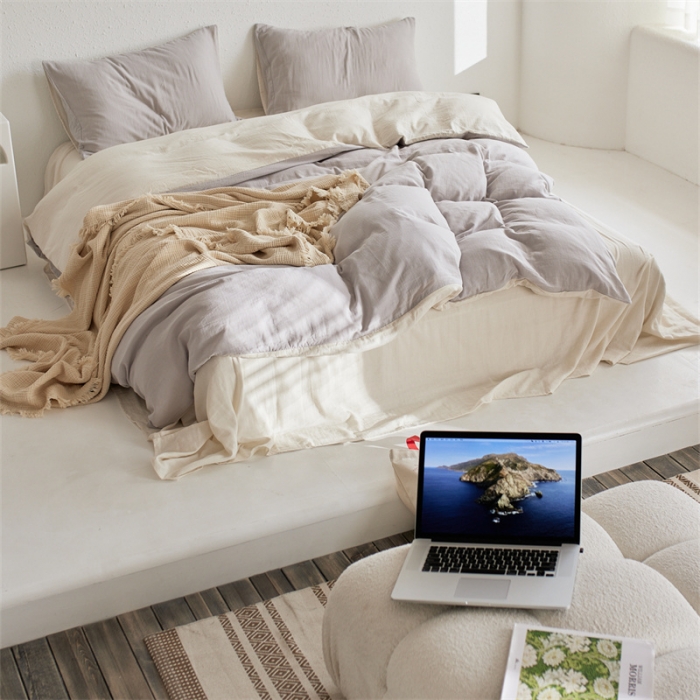 91家纺网 家纺一手货源 找家纺 安莱生活 2022新款全棉双层纱纯色四件套--简约风 奶盐