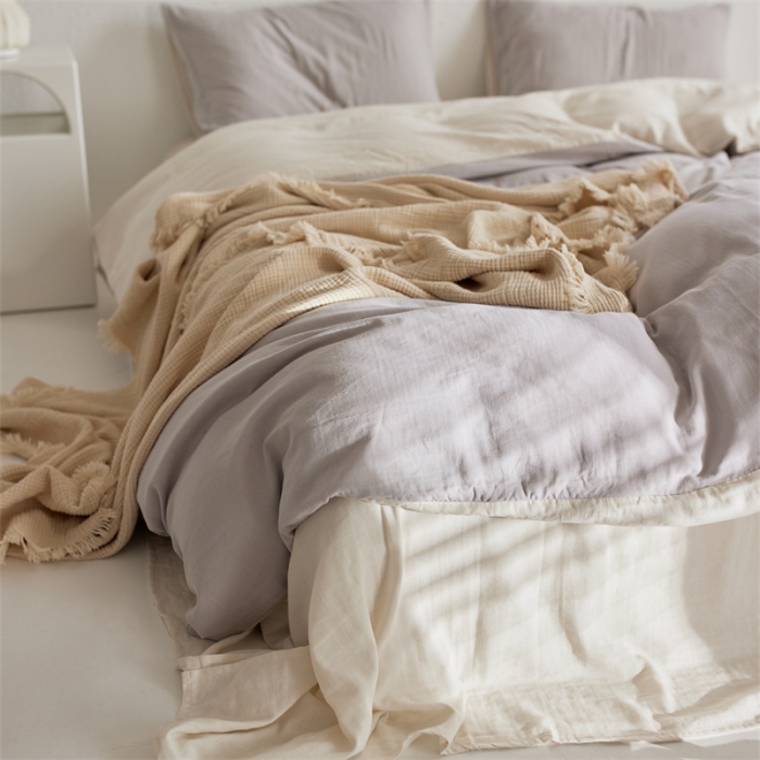 91家纺网 家纺一手货源 找家纺 安莱生活 2022新款全棉双层纱纯色四件套--简约风 奶盐