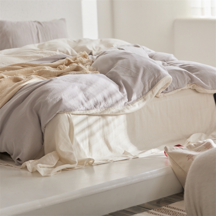 91家纺网 家纺一手货源 找家纺 安莱生活 2022新款全棉双层纱纯色四件套--简约风 奶盐