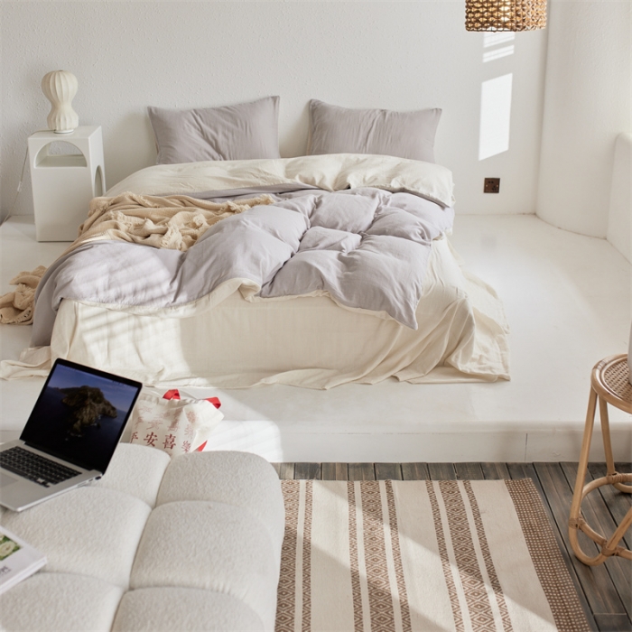 91家纺网 家纺一手货源 找家纺 安莱生活 2022新款全棉双层纱纯色四件套--简约风 奶盐