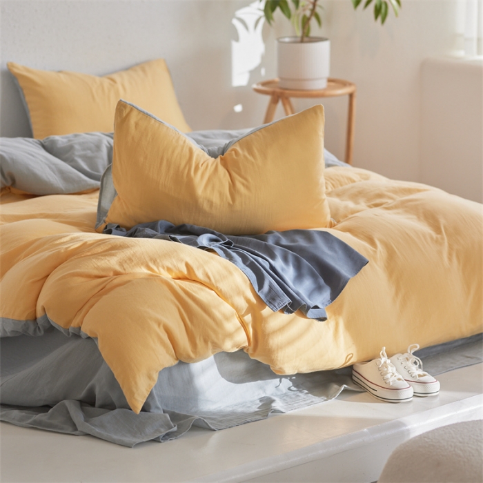 91家纺网 家纺一手货源 找家纺 安莱生活 2022新款全棉双层纱纯色四件套--简约风 柠檬