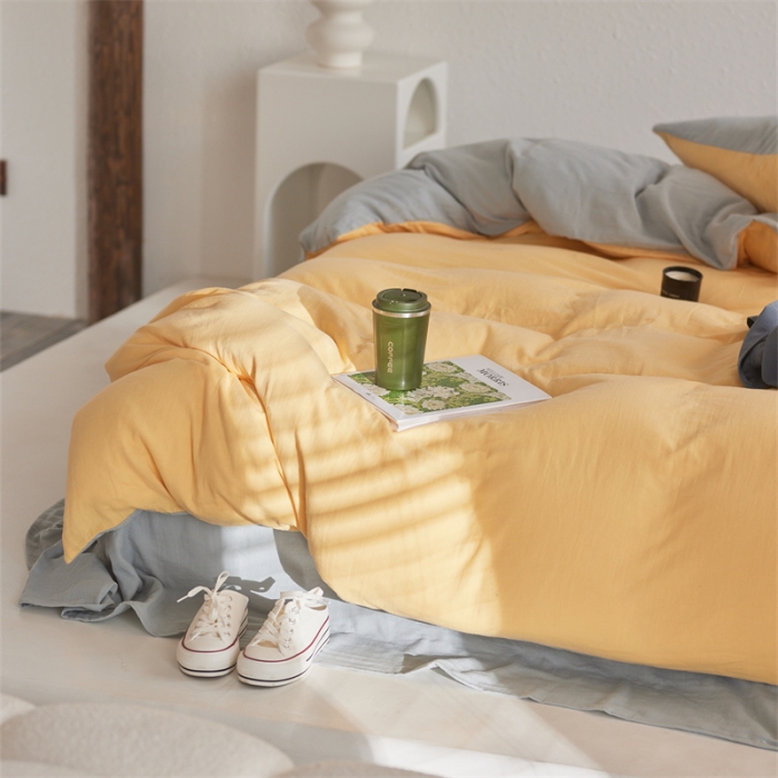 91家纺网 家纺一手货源 找家纺 安莱生活 2022新款全棉双层纱纯色四件套--简约风 柠檬