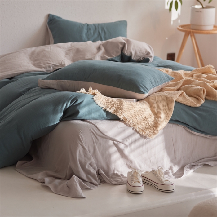 91家纺网 家纺一手货源 找家纺 安莱生活 2022新款全棉双层纱纯色四件套--简约风 青绿