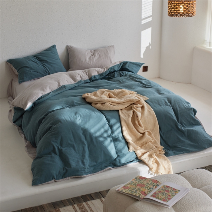 91家纺网 家纺一手货源 找家纺 安莱生活 2022新款全棉双层纱纯色四件套--简约风 青绿