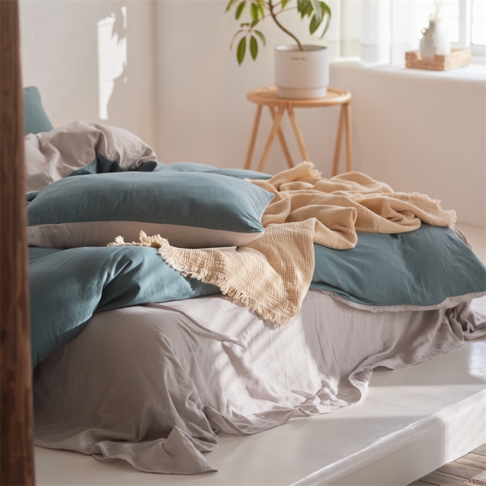 91家纺网 家纺一手货源 找家纺 安莱生活 2022新款全棉双层纱纯色四件套--简约风 青绿