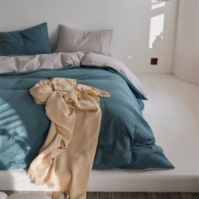 91家纺网 家纺一手货源 找家纺 安莱生活 2022新款全棉双层纱纯色四件套--简约风 青绿