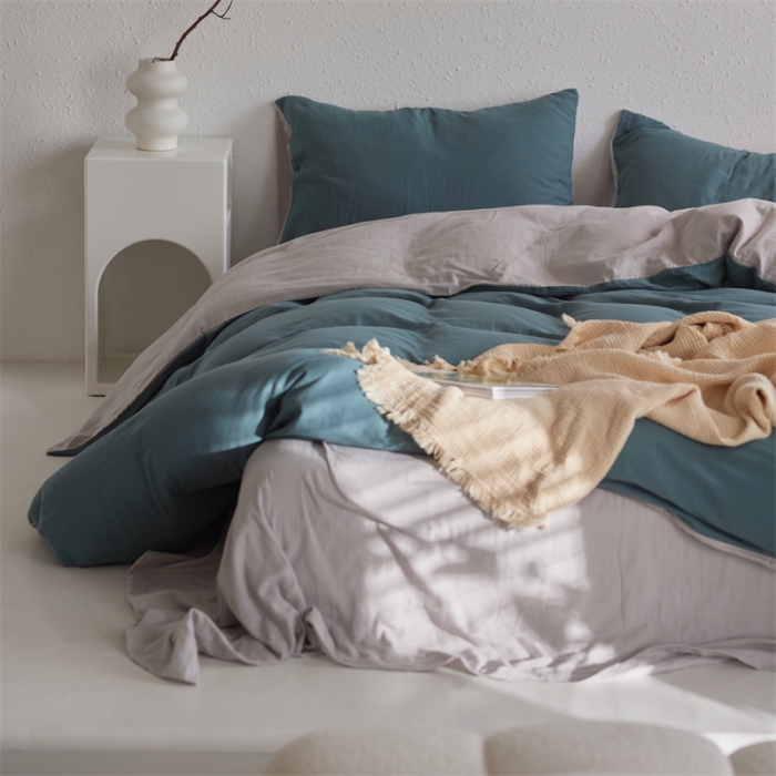 91家纺网 家纺一手货源 找家纺 安莱生活 2022新款全棉双层纱纯色四件套--简约风 青绿