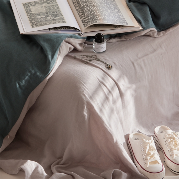 91家纺网 家纺一手货源 找家纺 安莱生活 2022新款全棉双层纱纯色四件套--简约风 青绿