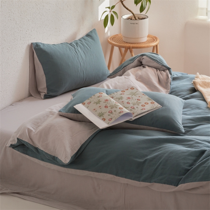 91家纺网 家纺一手货源 找家纺 安莱生活 2022新款全棉双层纱纯色四件套--简约风 青绿
