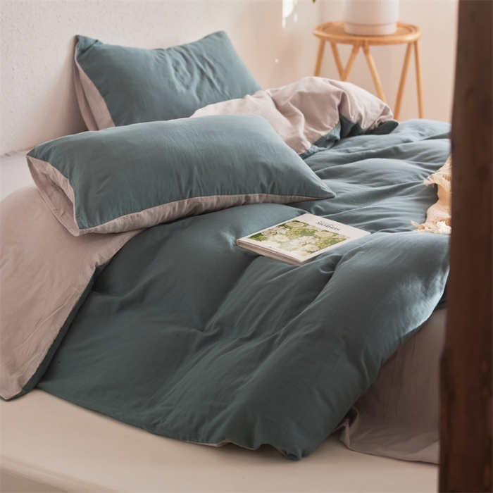 91家纺网 家纺一手货源 找家纺 安莱生活 2022新款全棉双层纱纯色四件套--简约风 青绿