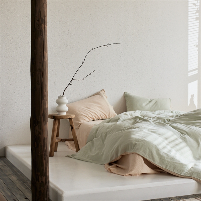 91家纺网 家纺一手货源 找家纺 安莱生活 2022新款全棉双层纱纯色四件套--简约风 青杏