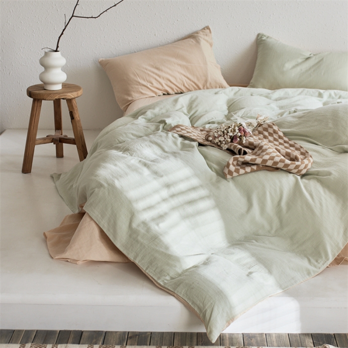 91家纺网 家纺一手货源 找家纺 安莱生活 2022新款全棉双层纱纯色四件套--简约风 青杏
