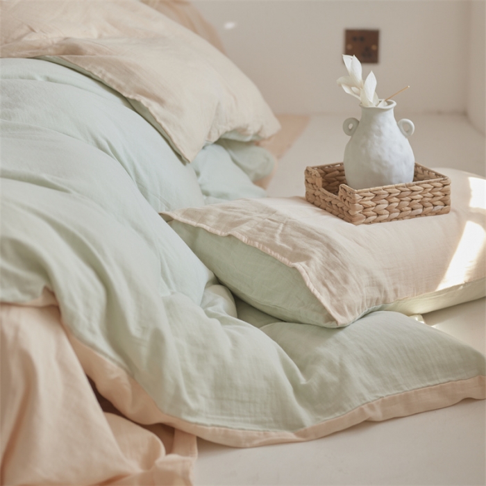 91家纺网 家纺一手货源 找家纺 安莱生活 2022新款全棉双层纱纯色四件套--简约风 青杏
