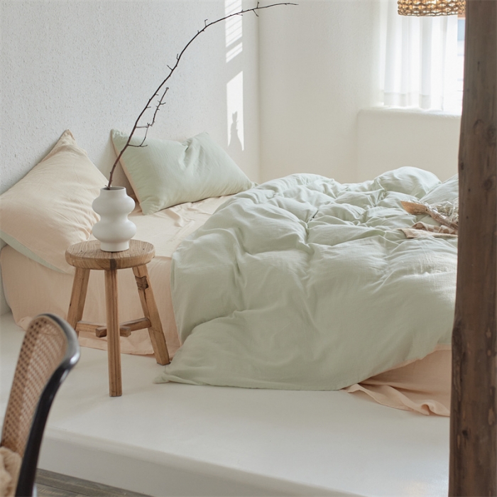 91家纺网 家纺一手货源 找家纺 安莱生活 2022新款全棉双层纱纯色四件套--简约风 青杏