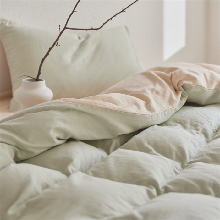 91家纺网 家纺一手货源 找家纺 安莱生活 2022新款全棉双层纱纯色四件套--简约风 青杏