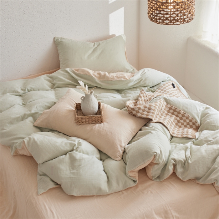91家纺网 家纺一手货源 找家纺 安莱生活 2022新款全棉双层纱纯色四件套--简约风 青杏