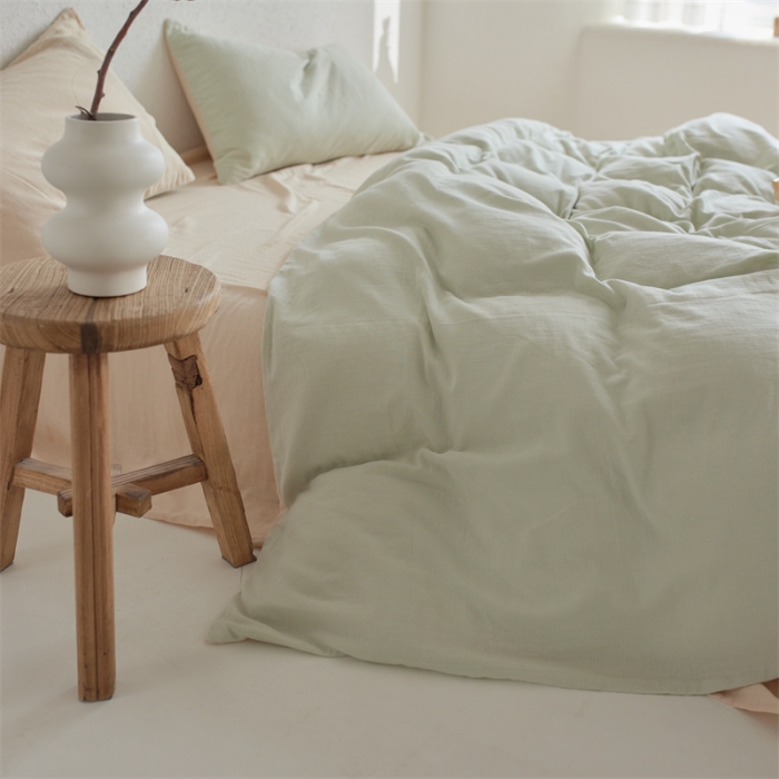 91家纺网 家纺一手货源 找家纺 安莱生活 2022新款全棉双层纱纯色四件套--简约风 青杏