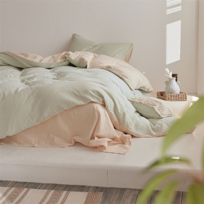 91家纺网 家纺一手货源 找家纺 安莱生活 2022新款全棉双层纱纯色四件套--简约风 青杏