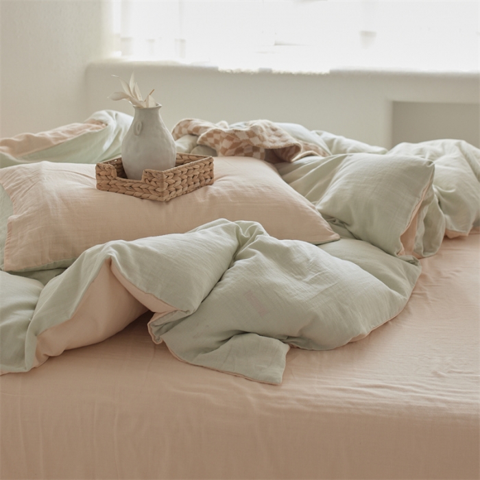 91家纺网 家纺一手货源 找家纺 安莱生活 2022新款全棉双层纱纯色四件套--简约风 青杏