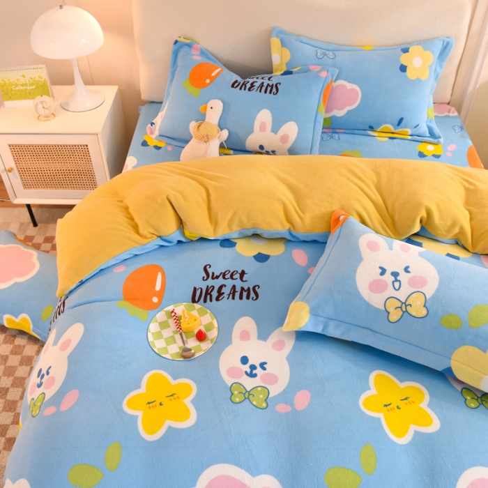 91家纺网 家纺一手货源 找家纺 甜之梦家纺 2025新款印花牛奶绒单品四件套爱心萌兔