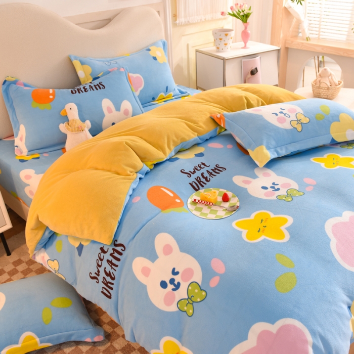 91家纺网 家纺一手货源 找家纺 甜之梦家纺 2025新款印花牛奶绒单品四件套爱心萌兔