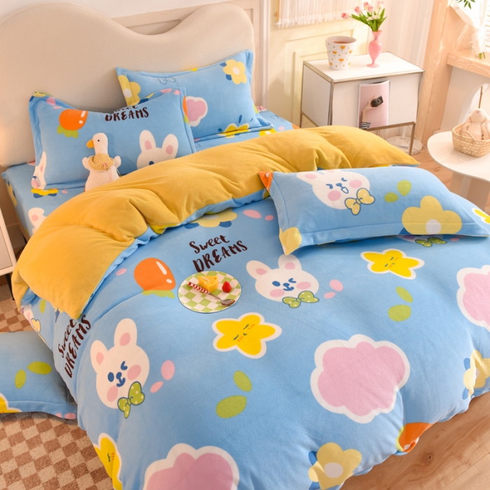 91家纺网 家纺一手货源 找家纺 甜之梦家纺 2025新款印花牛奶绒单品四件套爱心萌兔