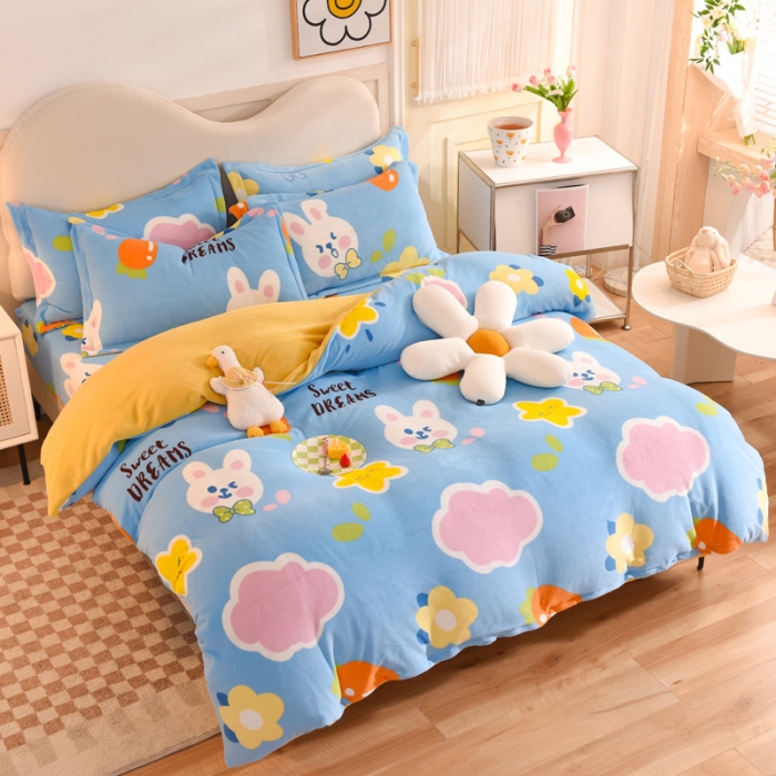 91家纺网 家纺一手货源 找家纺 甜之梦家纺 2025新款印花牛奶绒单品四件套爱心萌兔