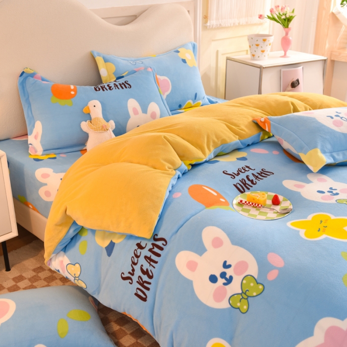 91家纺网 家纺一手货源 找家纺 甜之梦家纺 2025新款印花牛奶绒单品四件套爱心萌兔