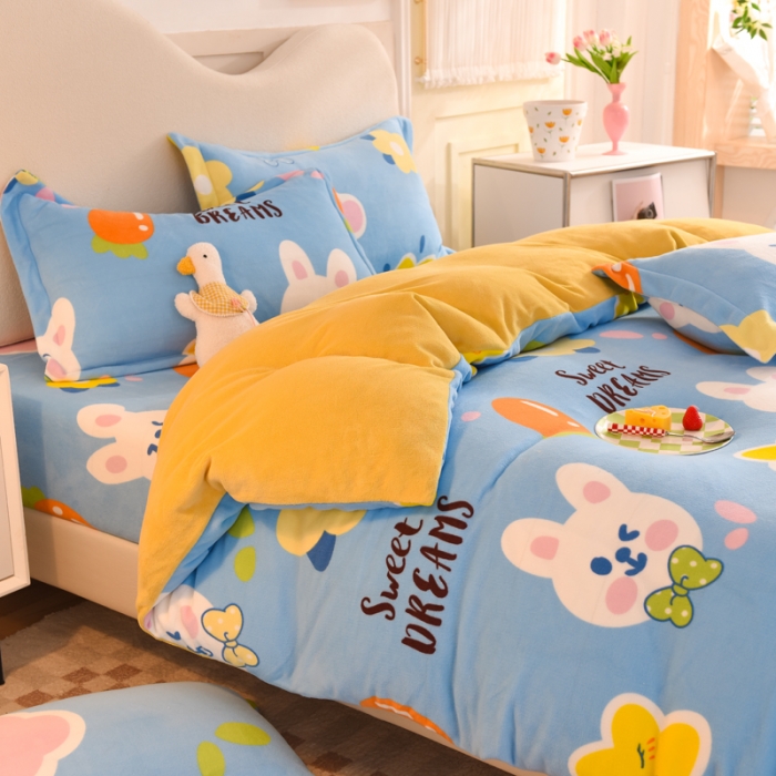 91家纺网 家纺一手货源 找家纺 甜之梦家纺 2025新款印花牛奶绒单品四件套爱心萌兔