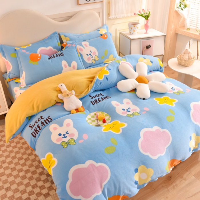 91家纺网 家纺一手货源 找家纺 甜之梦家纺 2025新款印花牛奶绒单品四件套爱心萌兔