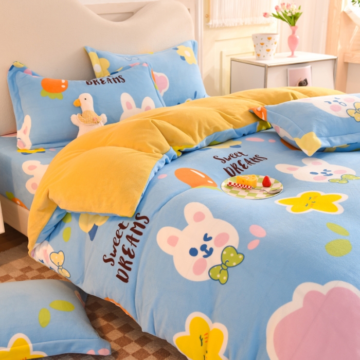 91家纺网 家纺一手货源 找家纺 甜之梦家纺 2025新款印花牛奶绒单品四件套爱心萌兔