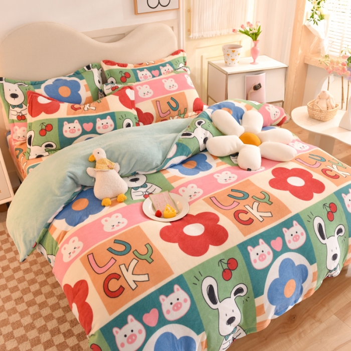 91家纺网 家纺一手货源 找家纺 甜之梦家纺 2025新款印花牛奶绒单品四件套 萌宠跳跳