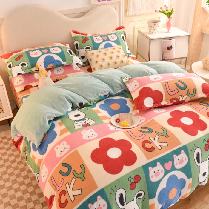 91家纺网 家纺一手货源 找家纺 甜之梦家纺 2025新款印花牛奶绒单品四件套 萌宠跳跳