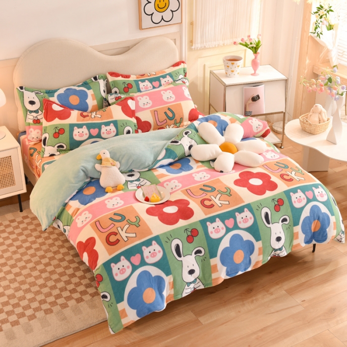 91家纺网 家纺一手货源 找家纺 甜之梦家纺 2025新款印花牛奶绒单品四件套 萌宠跳跳