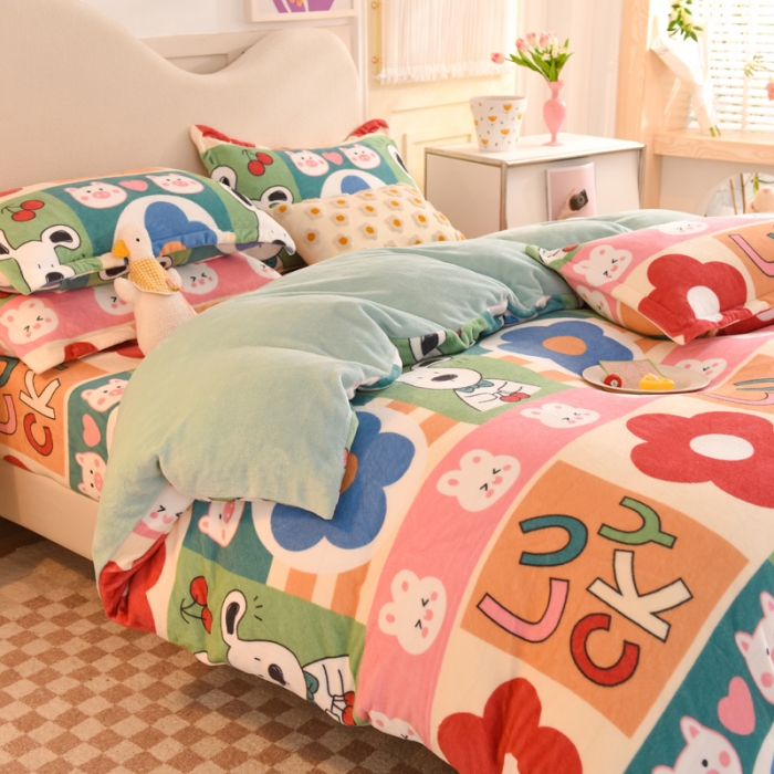 91家纺网 家纺一手货源 找家纺 甜之梦家纺 2025新款印花牛奶绒单品四件套 萌宠跳跳