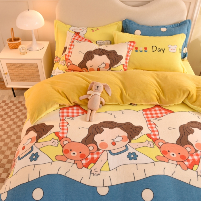 91家纺网 家纺一手货源 找家纺 甜之梦家纺 2025新款印花牛奶绒单品四件套 泡泡公主