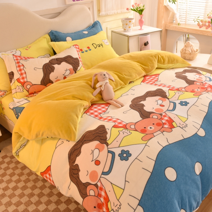 91家纺网 家纺一手货源 找家纺 甜之梦家纺 2025新款印花牛奶绒单品四件套 泡泡公主