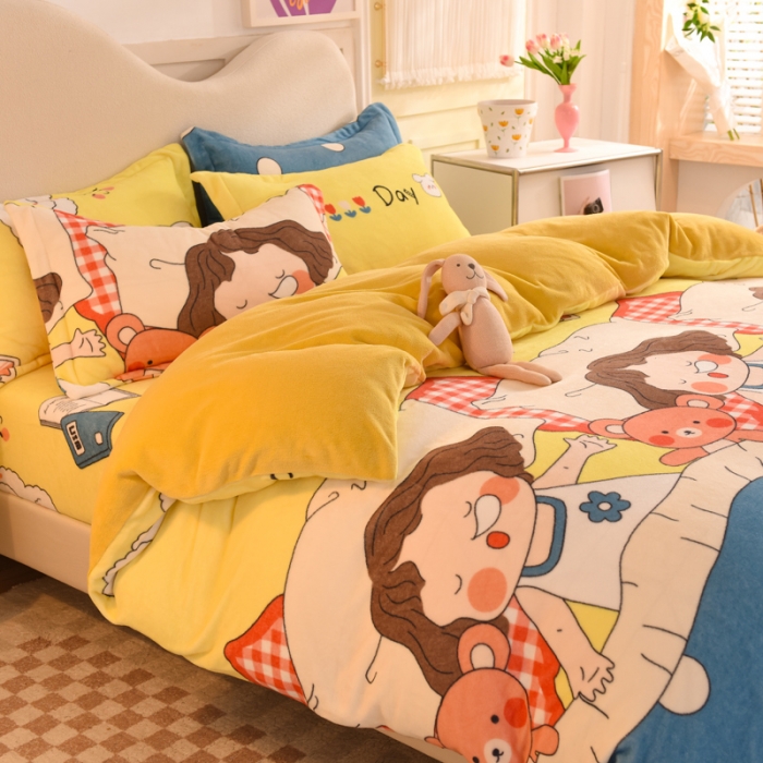 91家纺网 家纺一手货源 找家纺 甜之梦家纺 2025新款印花牛奶绒单品四件套 泡泡公主