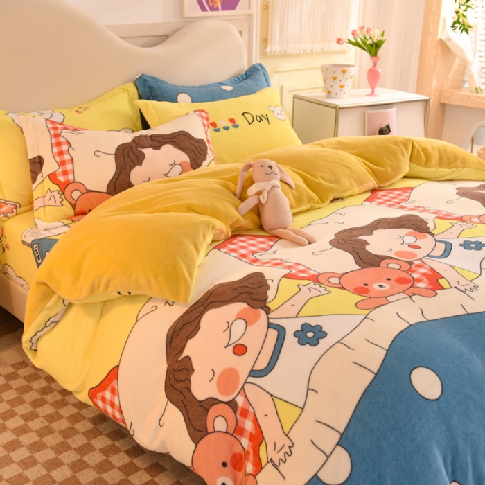 91家纺网 家纺一手货源 找家纺 甜之梦家纺 2025新款印花牛奶绒单品四件套 泡泡公主