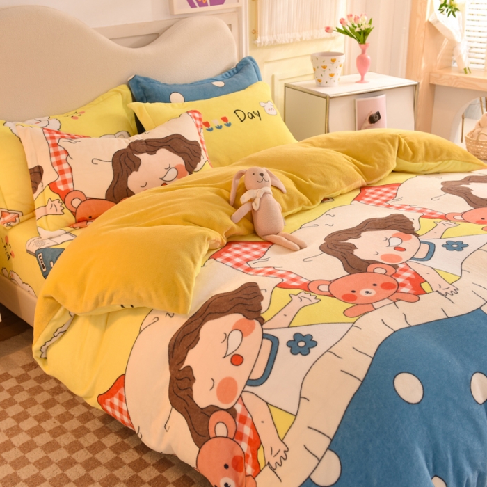 91家纺网 家纺一手货源 找家纺 甜之梦家纺 2025新款印花牛奶绒单品四件套 泡泡公主