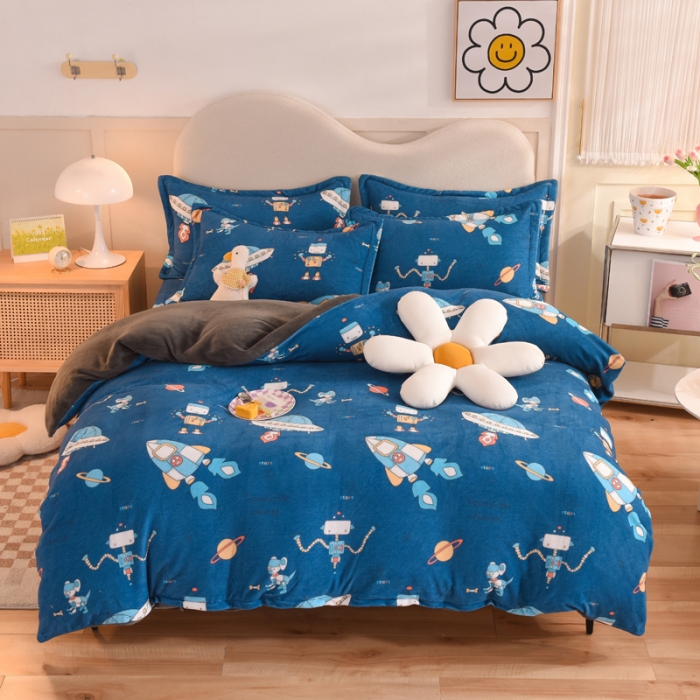 91家纺网 家纺一手货源 找家纺 甜之梦家纺 2025新款印花牛奶绒单品四件套 太空机器人北卡蓝